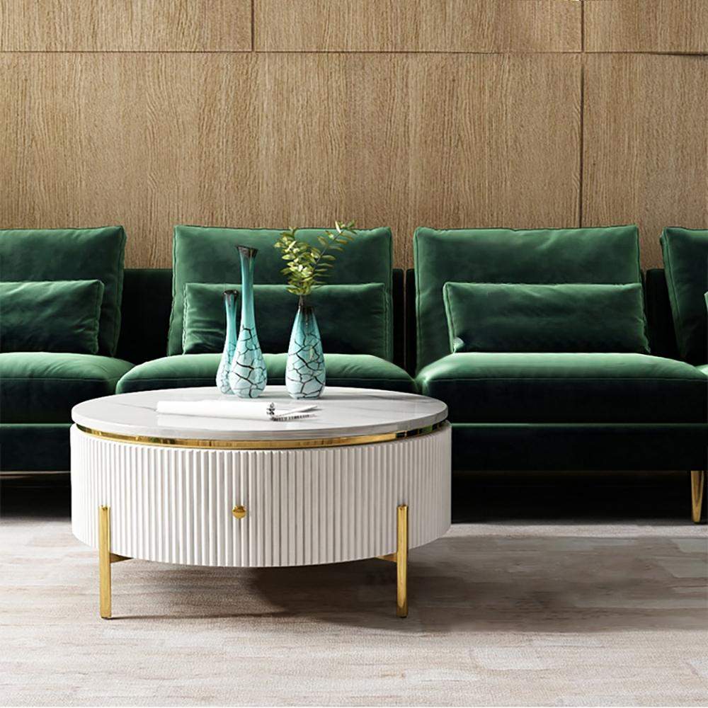 Modern Round Coffee Table with Storage Faux Marble Accent Table Stainless Steel in Gold-Richsoul-Coffee Tables,Furniture,Living Room Furniture