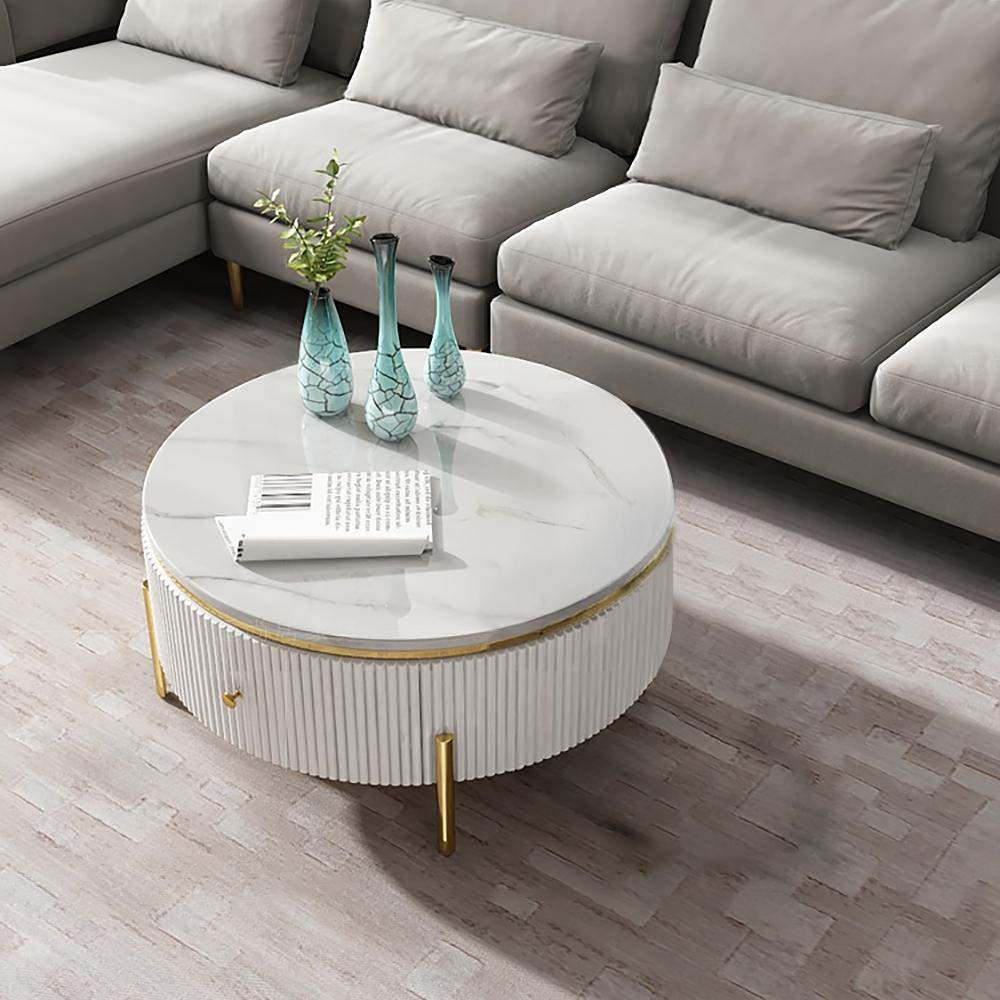 Modern Round Coffee Table with Storage Faux Marble Accent Table Stainless Steel in Gold-Richsoul-Coffee Tables,Furniture,Living Room Furniture