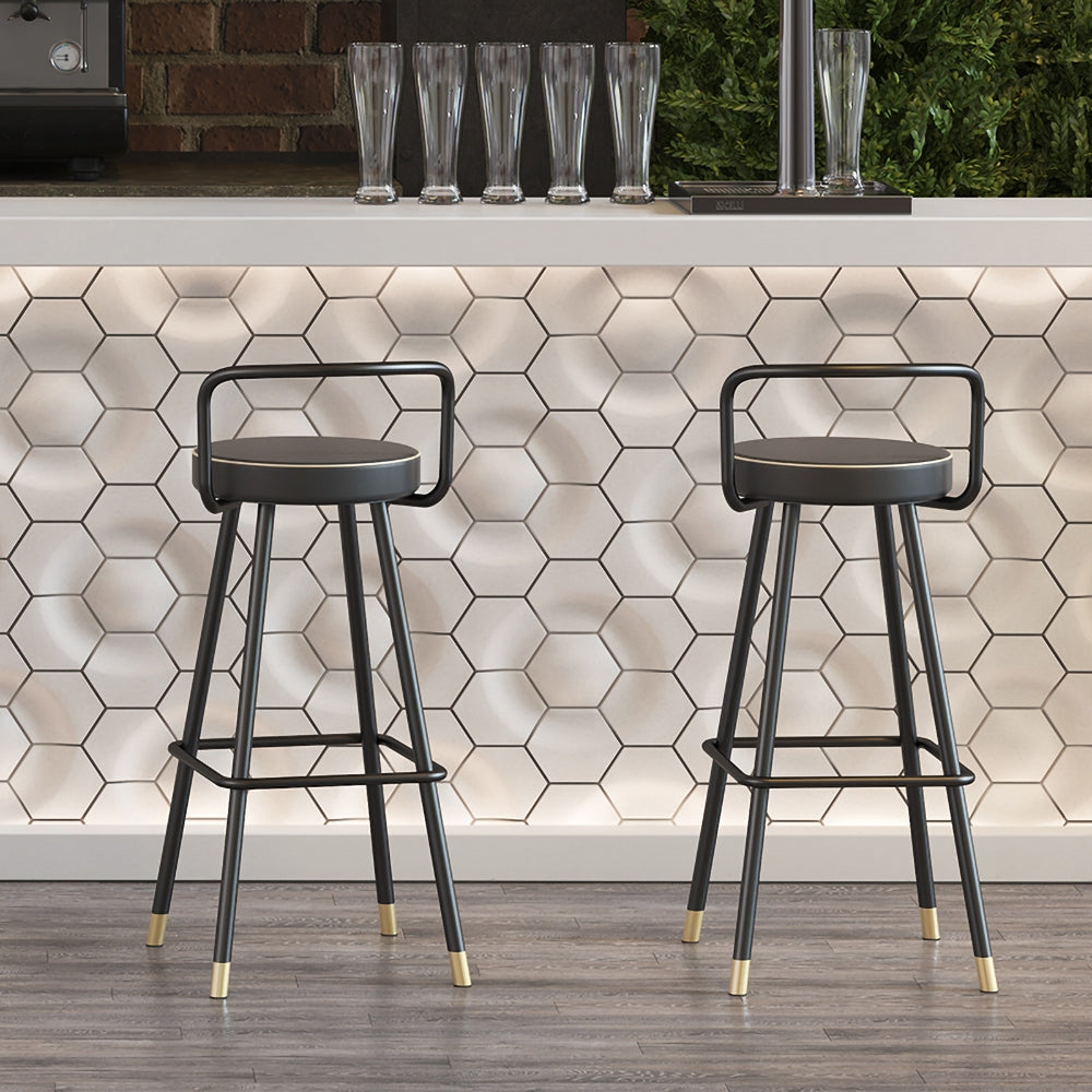 Modern Black Metal Bar Stool Set of 2 with Backs & Footrest PU Leather Upholstery