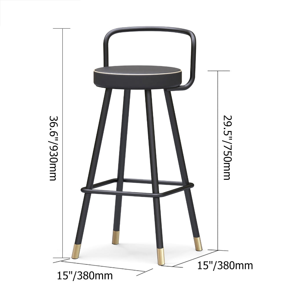 Modern Black Metal Bar Stool Set of 2 with Backs & Footrest PU Leather Upholstery