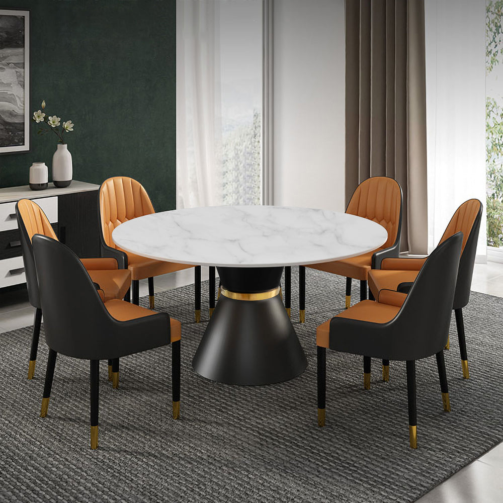 47.2" Round White Stone Dining Table Black Carbon Steel Base