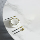 47.2" Round White Stone Dining Table Black Carbon Steel Base