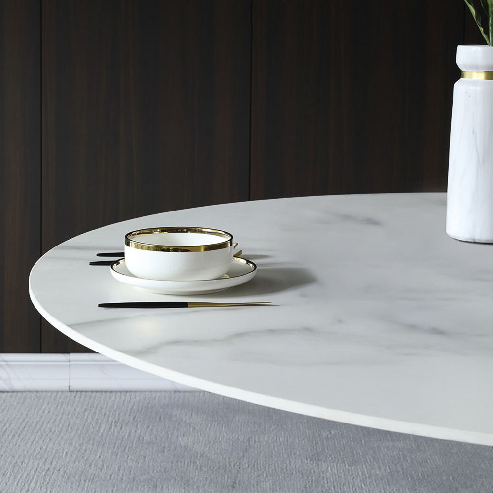 47.2" Round White Stone Dining Table Black Carbon Steel Base