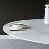 47.2" Round White Stone Dining Table Black Carbon Steel Base