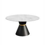 47.2" Round White Stone Dining Table Black Carbon Steel Base
