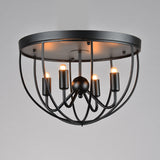 Rustic Black Metal Round Cage Semi Flush Mount Ceiling Light with 4 Candelabra Shaped Lights