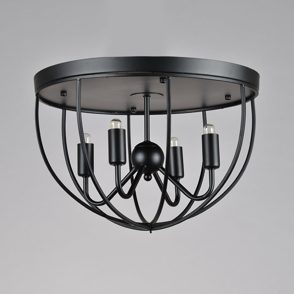 Rustic Black Metal Round Cage Semi Flush Mount Ceiling Light with 4 Candelabra Shaped Lights
