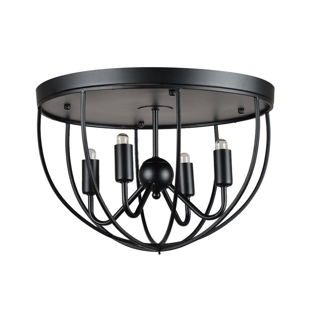 Rustic Black Metal Round Cage Semi Flush Mount Ceiling Light with 4 Candelabra Shaped Lights