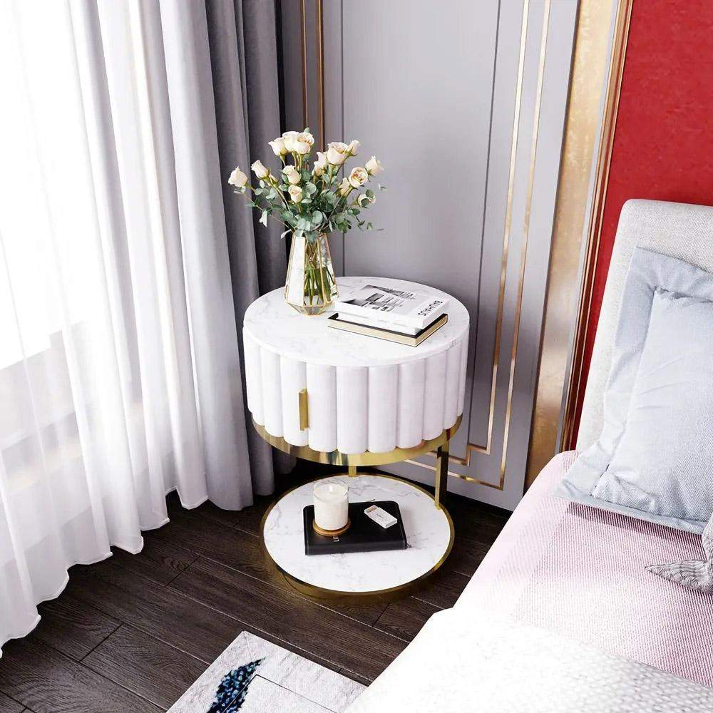 White Round Faux Marble Side Table with Storage Velvet Gold Finish-Richsoul-End & Side Tables,Furniture,Living Room Furniture
