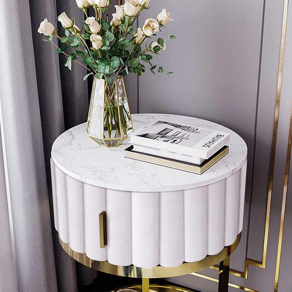 White Round Faux Marble Side Table with Storage Velvet Gold Finish-Richsoul-End & Side Tables,Furniture,Living Room Furniture