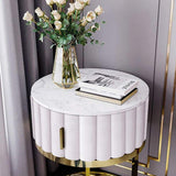 White Round Faux Marble Side Table with Storage Velvet Gold Finish-Richsoul-End & Side Tables,Furniture,Living Room Furniture