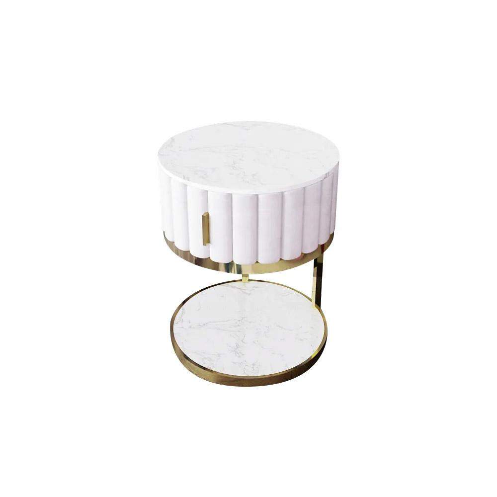 White Round Faux Marble Side Table with Storage Velvet Gold Finish-Richsoul-End & Side Tables,Furniture,Living Room Furniture