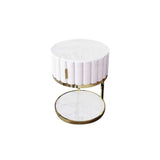 White Round Faux Marble Side Table with Storage Velvet Gold Finish-Richsoul-End & Side Tables,Furniture,Living Room Furniture