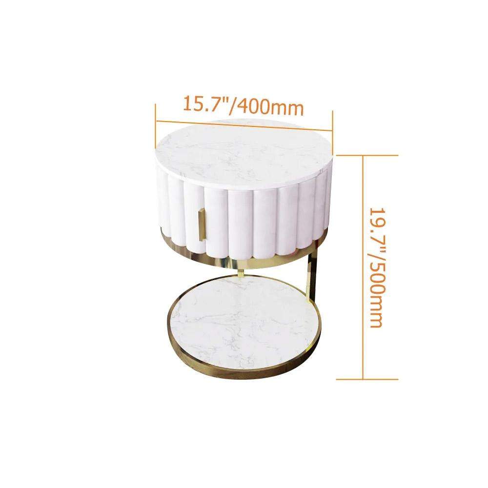 White Round Faux Marble Side Table with Storage Velvet Gold Finish-Richsoul-End & Side Tables,Furniture,Living Room Furniture