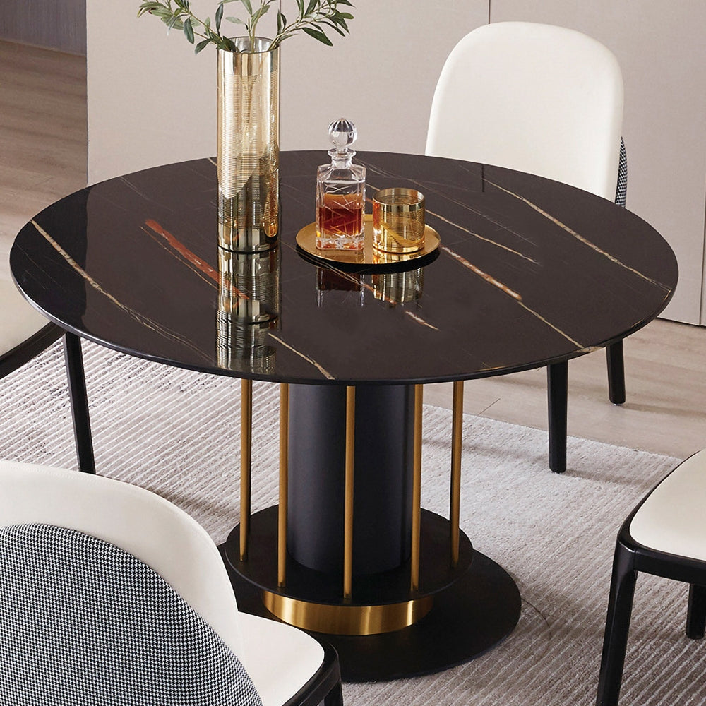 Round Dining Table Modern Black Marble Dining Table Stainless Steel Base
