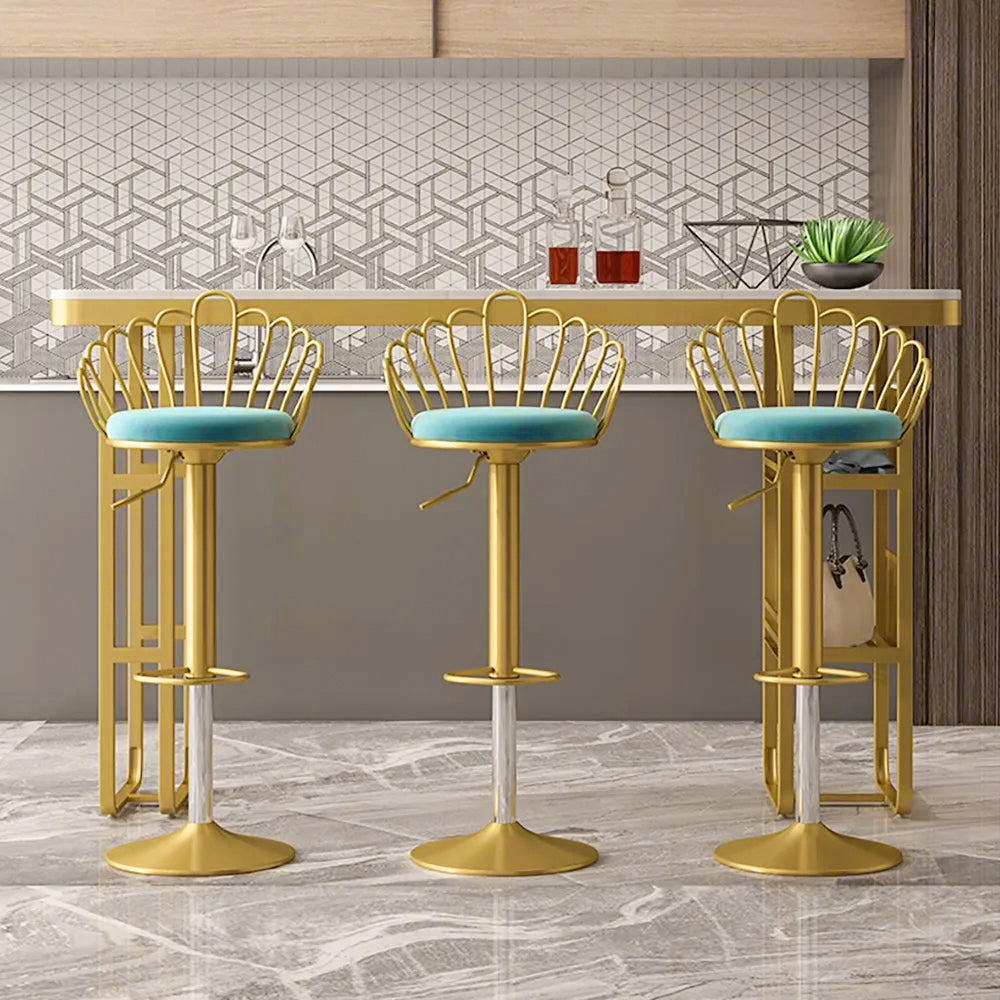 Bar Stool Bar Height Bar Stool with Backrest Velvet Upholstery Set of 2 in Gold Finish