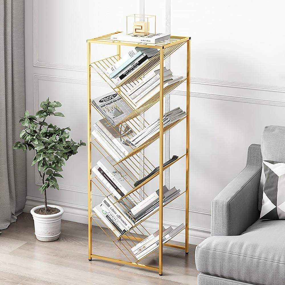 Mid-Century Rectangular Bookshelf Metal Gold Bookcase with Shelves-Bookcases & Bookshelves,Furniture,Office Furniture