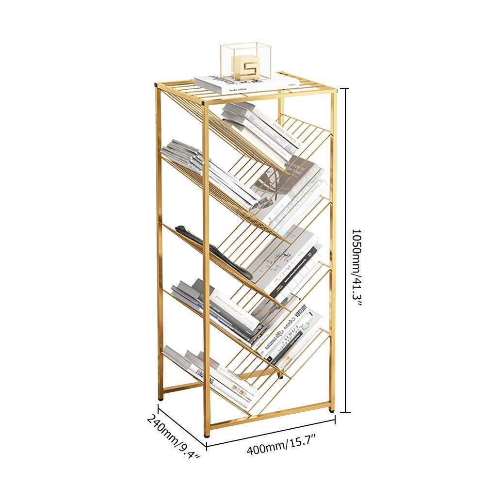 Mid-Century Rectangular Bookshelf Metal Gold Bookcase with Shelves-Bookcases & Bookshelves,Furniture,Office Furniture