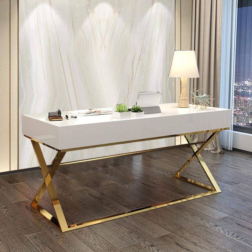 55" White Office Desk with Drawer Rectangular Modern Computer Desk-Desks,Furniture,Office Furniture