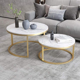 Nordischer runder Couchtisch Tisch aus goldfarbenem Metall und weißem Marmor mit 2er-Set
