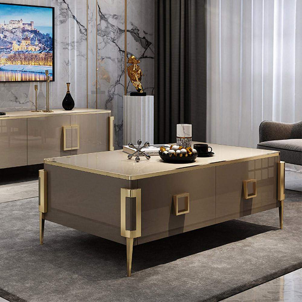 Modern Rectangular Coffee Table with Drawers with Tempered Glass Tabletop-Richsoul-Coffee Tables,Furniture,Living Room Furniture