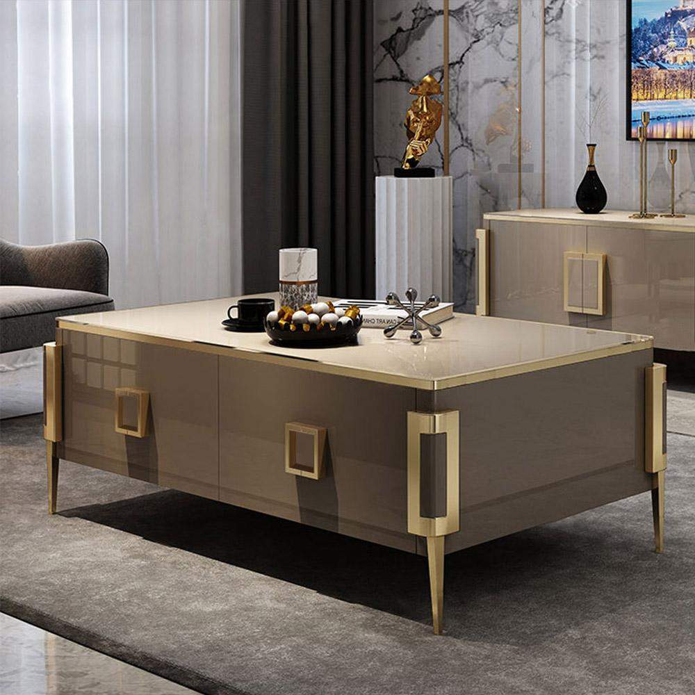Modern Rectangular Coffee Table with Drawers with Tempered Glass Tabletop-Richsoul-Coffee Tables,Furniture,Living Room Furniture