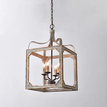 French Country 4-Light Square Lantern Chandelier in Antique Gray & Gold