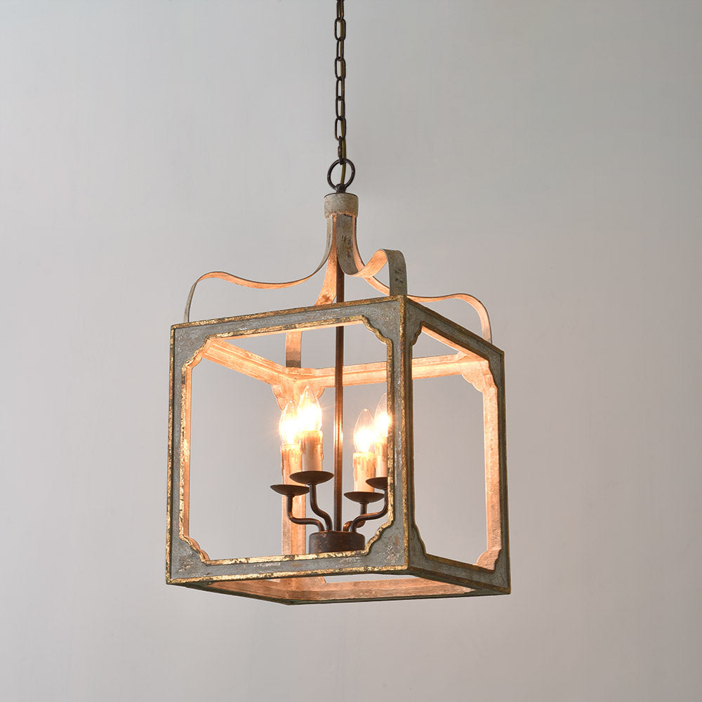 French Country 4-Light Square Lantern Chandelier in Antique Gray & Gold