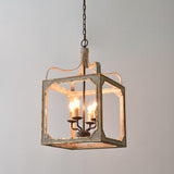 French Country 4-Light Square Lantern Chandelier in Antique Gray & Gold