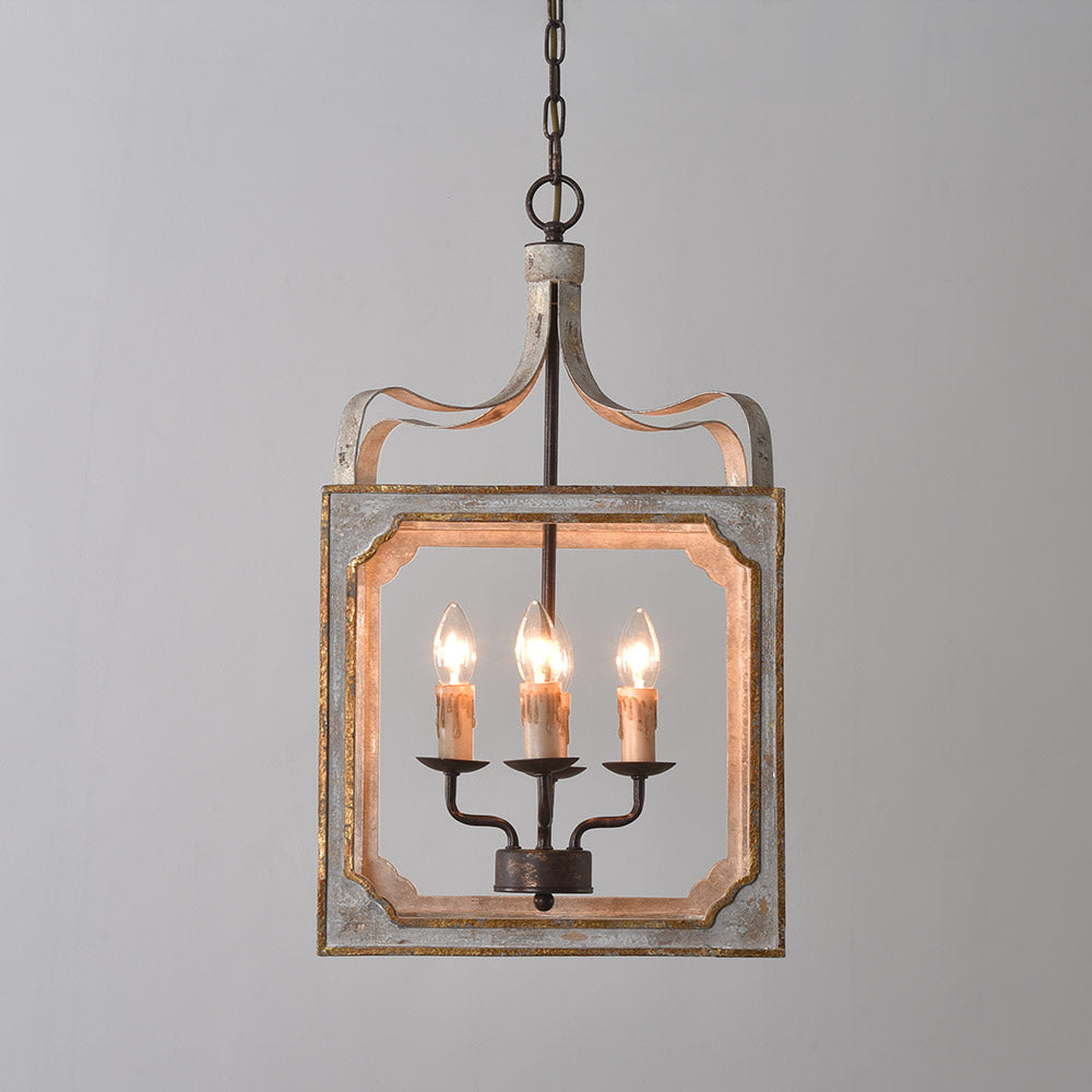 French Country 4-Light Square Lantern Chandelier in Antique Gray & Gold