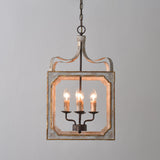 French Country 4-Light Square Lantern Chandelier in Antique Gray & Gold