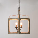 French Country 4-Light Square Lantern Chandelier in Antique Gray & Gold