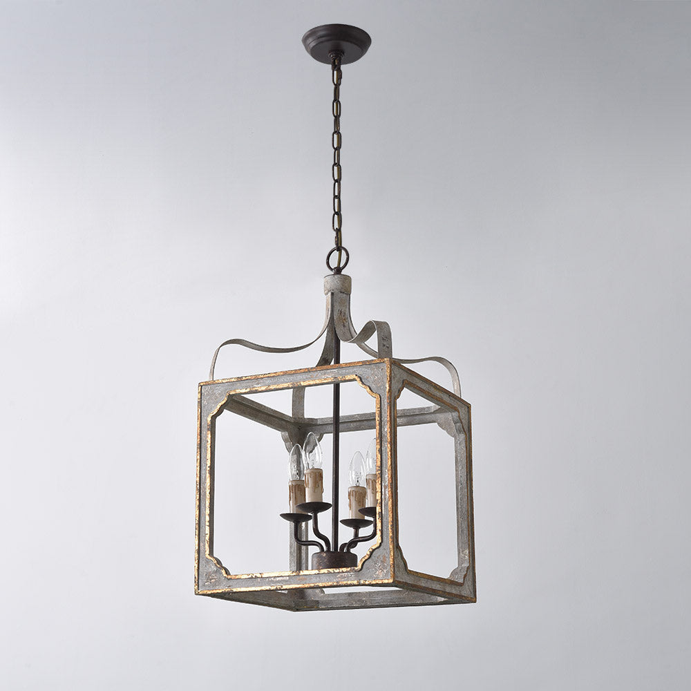 French Country 4-Light Square Lantern Chandelier in Antique Gray & Gold