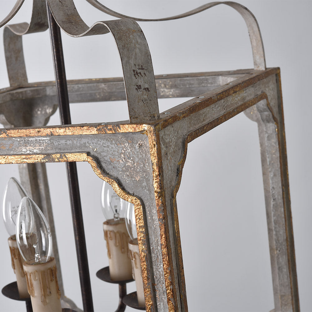 French Country 4-Light Square Lantern Chandelier in Antique Gray & Gold