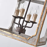 French Country 4-Light Square Lantern Chandelier in Antique Gray & Gold