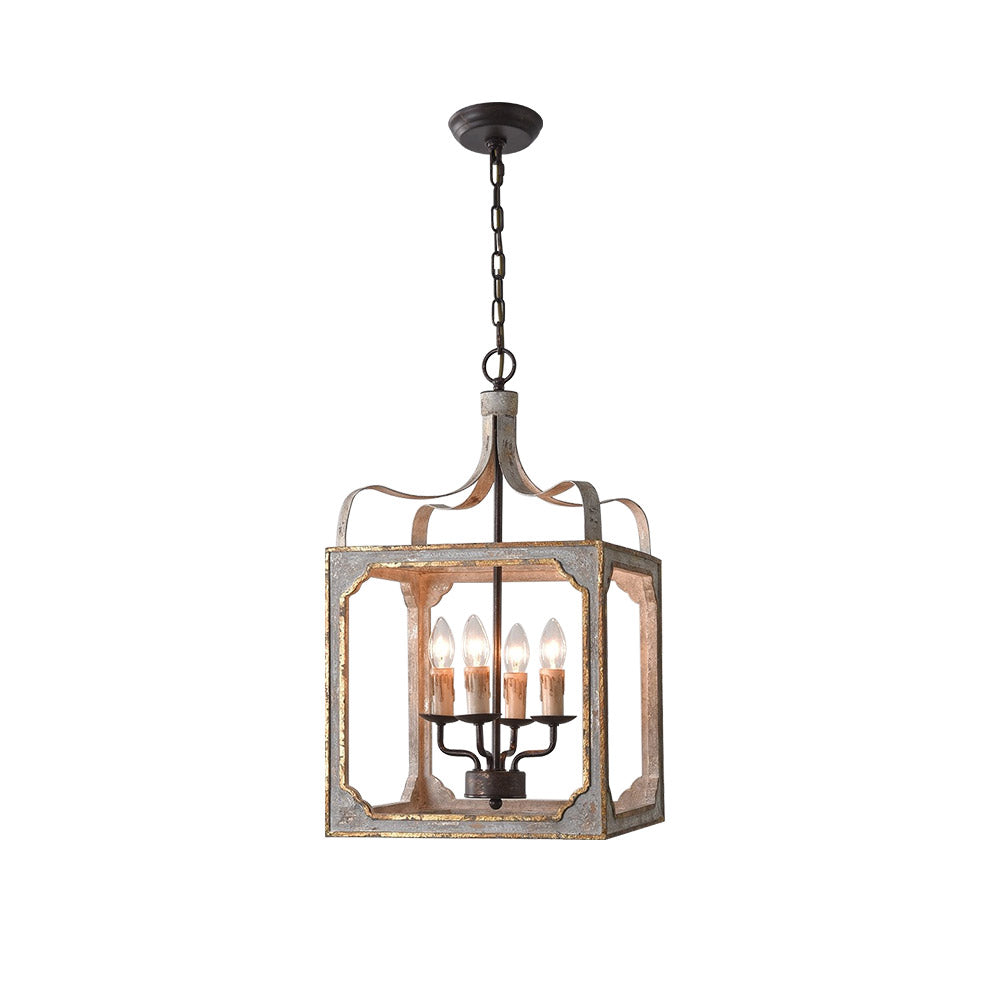 French Country 4-Light Square Lantern Chandelier in Antique Gray & Gold