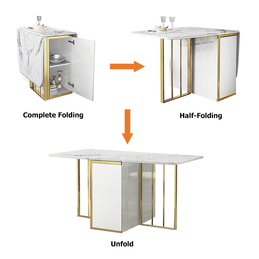 Functional Folding White Dining Table 63" with Storage Gold Frame