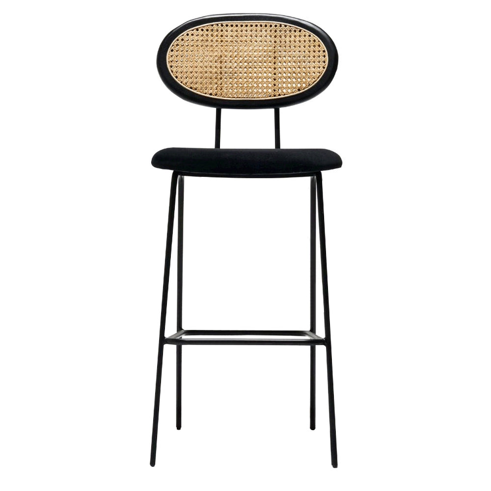 Black Height Bar Stool with Cane Back Velvet Upholstery Counter Stool