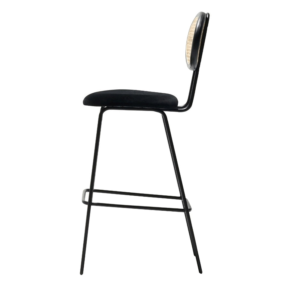 Black Height Bar Stool with Cane Back Velvet Upholstery Counter Stool