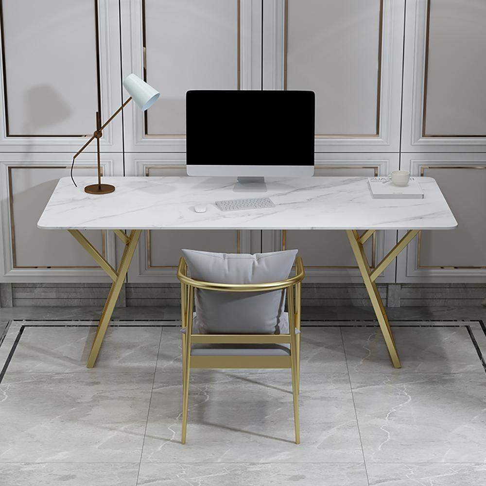 Modern White Desk with Marble Top & Gold Metal Frame-Desks,Furniture,Office Furniture