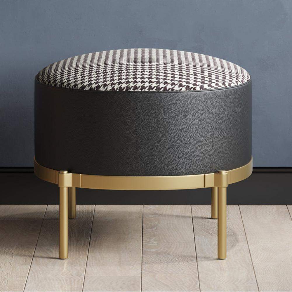 Black Faux Leather Houndstooth Linen Ottoman Upholstered Ottoman Footrest in Gold-Richsoul-Furniture,Living Room Furniture,Ottomans & Benches