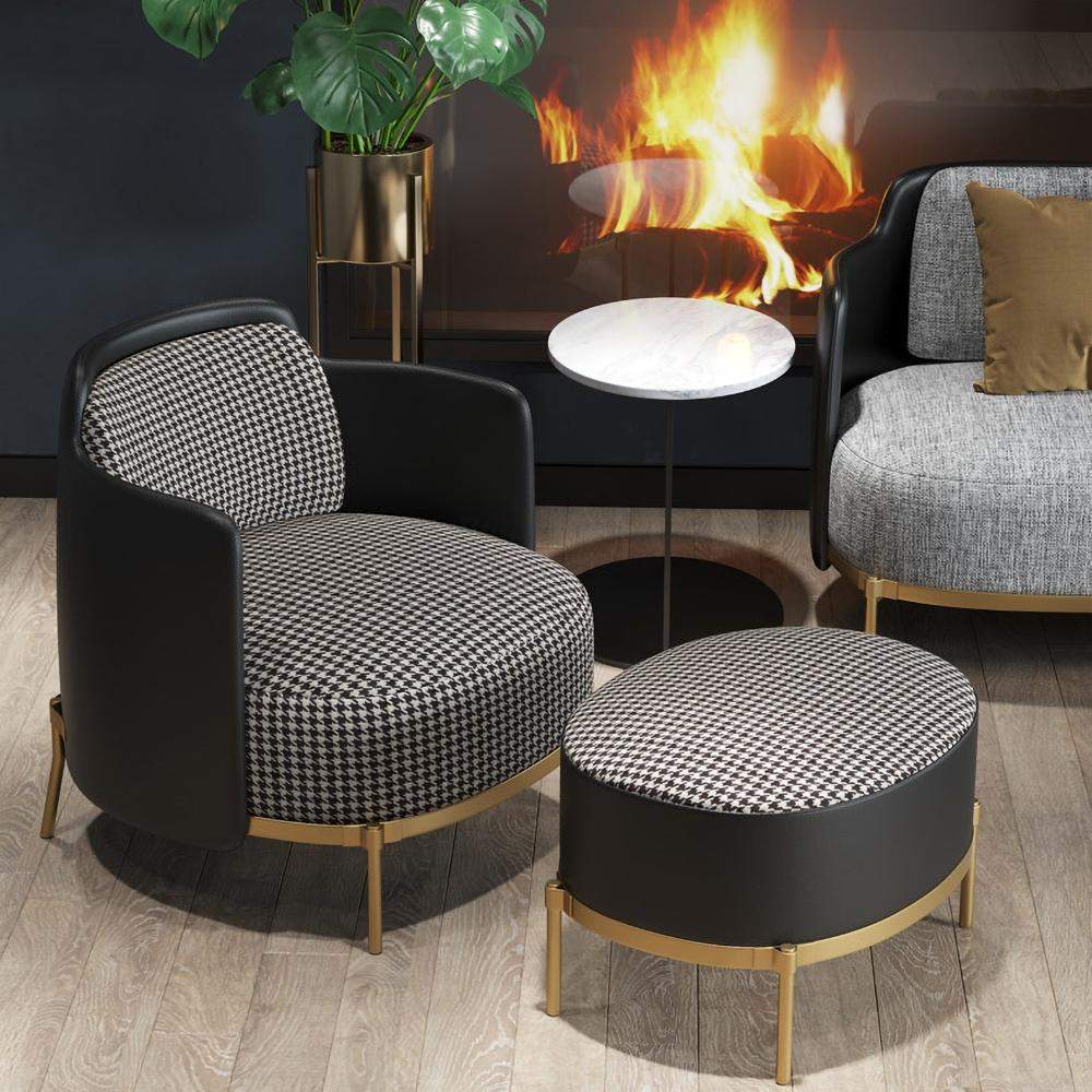 Black Faux Leather Houndstooth Linen Ottoman Upholstered Ottoman Footrest in Gold-Richsoul-Furniture,Living Room Furniture,Ottomans & Benches