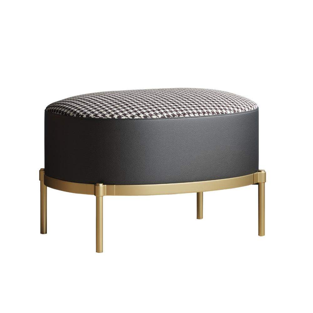 Black Faux Leather Houndstooth Linen Ottoman Upholstered Ottoman Footrest in Gold-Richsoul-Furniture,Living Room Furniture,Ottomans & Benches