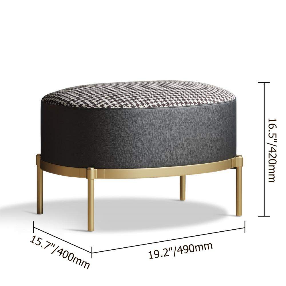 Black Faux Leather Houndstooth Linen Ottoman Upholstered Ottoman Footrest in Gold-Richsoul-Furniture,Living Room Furniture,Ottomans & Benches