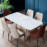 63" Rectangle Modern White Faux Marble Dining Table with Double Pedestal in Gold