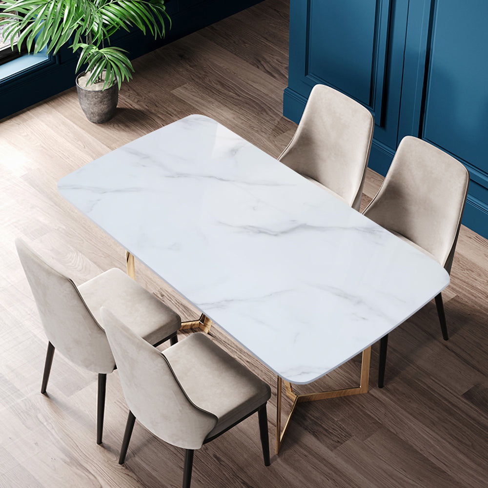 63" Rectangle Modern White Faux Marble Dining Table with Double Pedestal in Gold