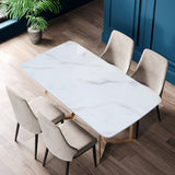 63" Rectangle Modern White Faux Marble Dining Table with Double Pedestal in Gold