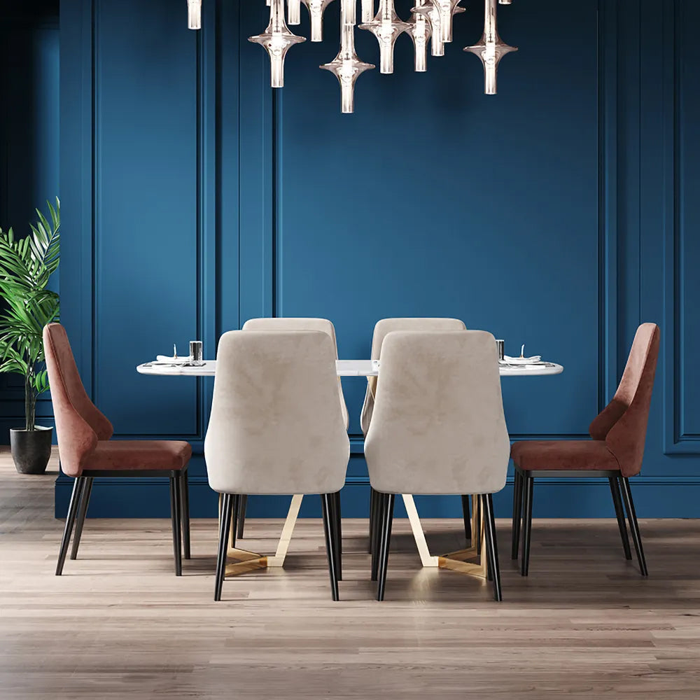 63" Rectangle Modern White Faux Marble Dining Table with Double Pedestal in Gold