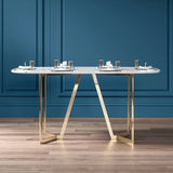 63" Rectangle Modern White Faux Marble Dining Table with Double Pedestal in Gold