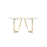 63" Rectangle Modern White Faux Marble Dining Table with Double Pedestal in Gold